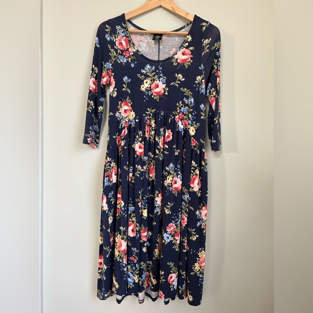 Agnes & Dora Floral Midi Dress Size XS Stretch Navy Cottagecore Boho